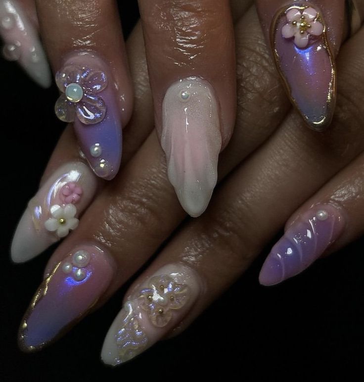 Building Gel Nail Designs, Im Cold Nails, Soft Gold Nails, Medium Nail Ideas, Delicate Nail Art, Heavenly Nails, Little Mermaid Nails, Periwinkle Nails, Nails Trend