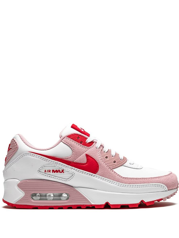 White/university red/tulip pink leather/rubber Air Max 90 sneakers from NIKE featuring round toe, flat rubber sole, front lace-up fastening, branded insole, signature Swoosh logo detail and panelled design. These styles are supplied by a premium sneaker marketplace. Stocking only the most sought-after footwear, they source and curate some of the most hard to find sneakers from around the world.. | Nike Air Max 90 sneakers Tenis Air Max 90, Red Nike Shoes, Nike Tenis, Nike Air Max 90s, Air Max 90s, Tenis Air, Dr Shoes, Nike Air Shoes, Nike Shoes Air Max