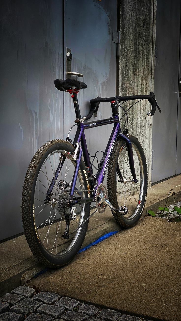 a purple bike parked next to a building