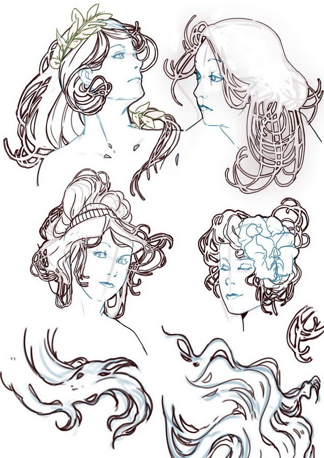 some drawings of women with curly hair