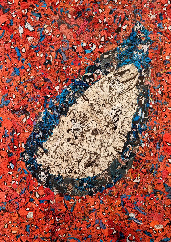 an abstract painting with red, blue and white colors on it's surface that looks like spider - man