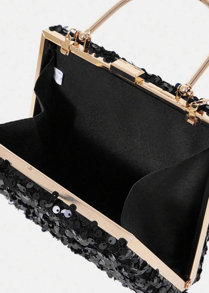 Add a touch of glamour to your evening attire with the Black Sequin Square Evening Bag. The elegant gold top handle adds a sophisticated touch, while the detachable chain shoulder strap offers versatility. Perfect for special occasions and formal events. Rectangular Box Bag With Chain Strap For Parties, Party Rectangular Box Bag With Chain Strap, Rectangular Party Box Bag With Chain Strap, Party Handheld Shoulder Bag With Detachable Strap, Handheld Party Shoulder Bag With Detachable Strap, Party Evening Bag With Chain Strap And Top Handle, Chic Handheld Shoulder Bag For Party, Chic Rectangular Party Bag, Chic Rectangular Party Bags