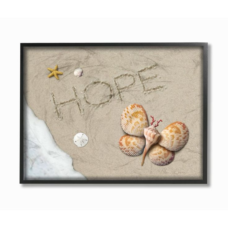 the word hope written in sand with seashells and starfish on it's side