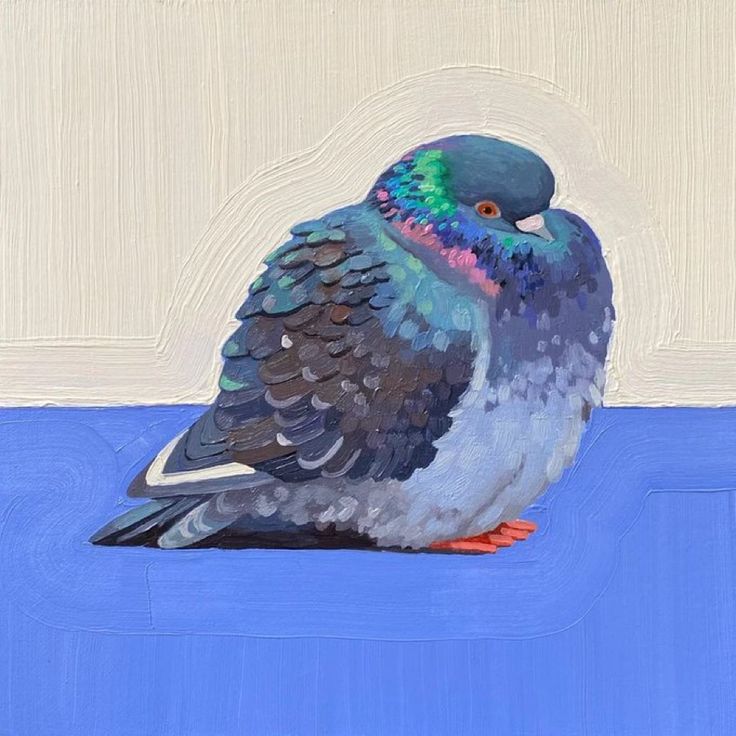 a painting of a colorful bird sitting on a blue surface