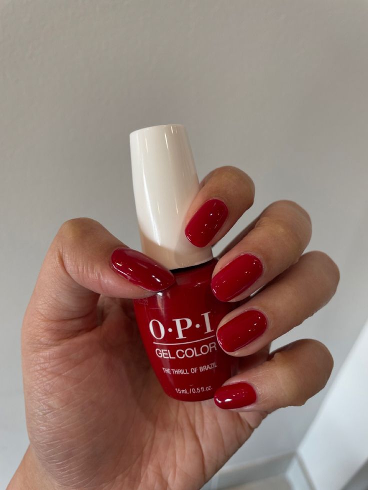 80s Red Nails, Opi The Thrill Of Brazil Gel, Red Gel Nail Polish Colors, 1950s Red Nails, Red Nails Engagement Photos, Red Gel Polish Short Nails, Opi Dark Red Nail Polish Gel, Red Nails Square Round, Red Short Nails Ideas Summer