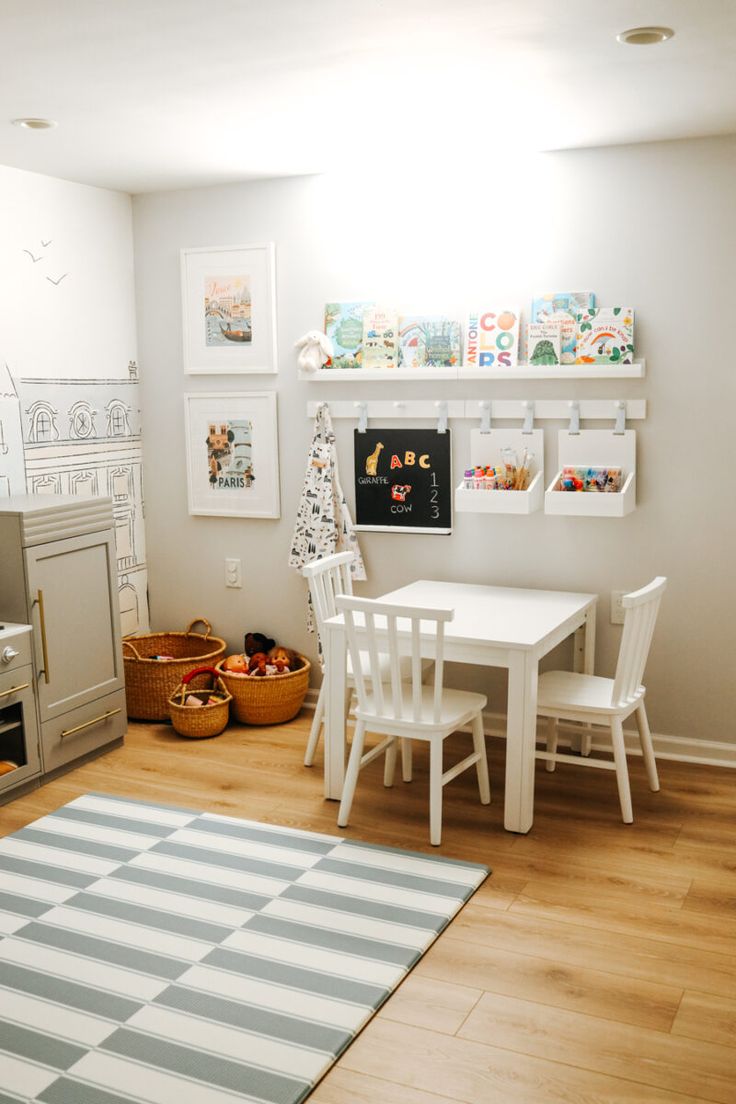 a white table and chairs in a room with pictures on the wall above it's stove