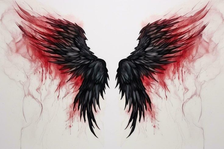 Black angel wings with red smoke on white background. Close-up. Beautiful magic red black wings drawn with watercolor effect, AI Generated Dark Angel Wings, Alas Tattoo, Wing Tattoo Men, Wings Sketch, Fantasy Mythology, Cupid Tattoo, Magic Wings, Black Arch, Angel Wings Art