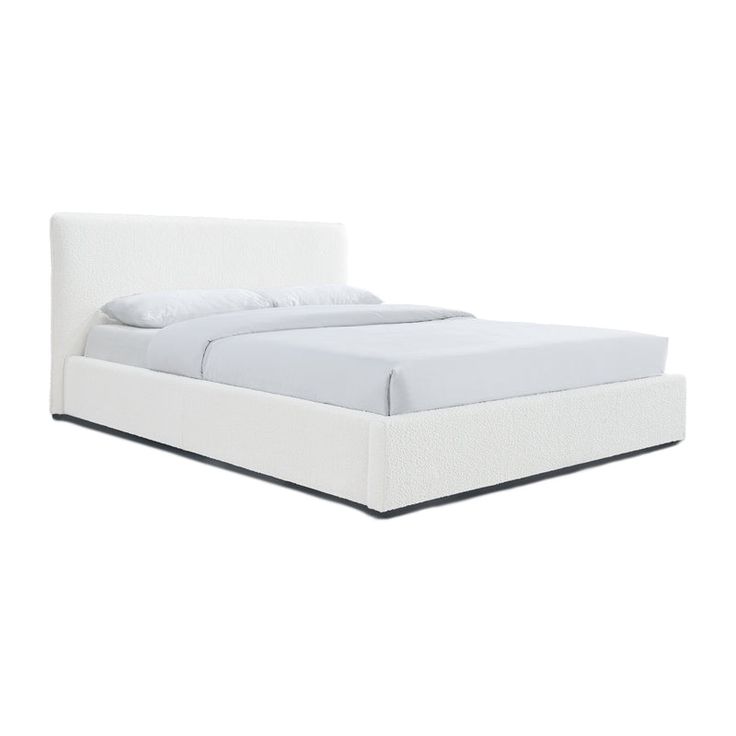 a bed with white linens and pillows on top of the headboard, in front of a white background