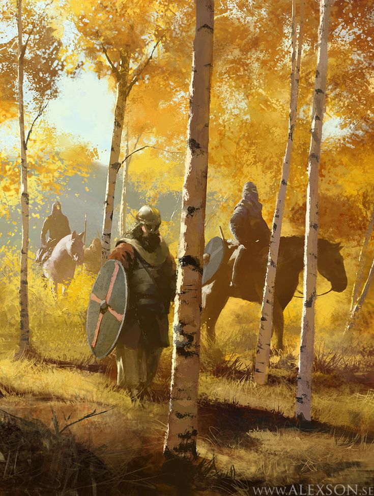 a painting of a man holding a shield in the woods with other men and horses behind him