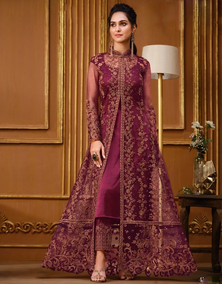 Wine Pant style Anarkali Soft Net | Arabic attire Luxury Lace Anarkali Set For Festive Season, Luxury Lace Anarkali Set With Lace Work, Luxury Lace Anarkali Set For Women, Luxury Anarkali Salwar Kameez For Party, Luxury Floor-length Salwar Kameez For Formal Occasions, Luxury Bollywood Style Formal Churidar, Luxury Floor-length Party Churidar, Cheap Red Traditional Wear For Eid, Luxury Traditional Floor-length Churidar