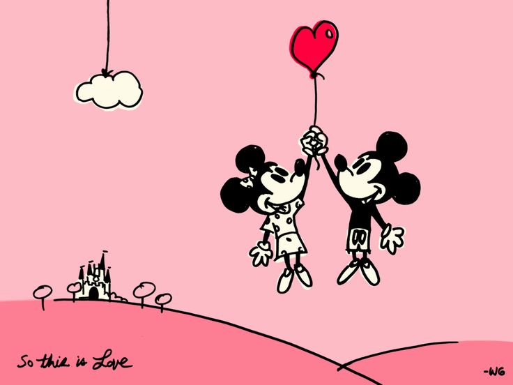 two mickey mouses holding up a heart shaped balloon with the words love is in the air