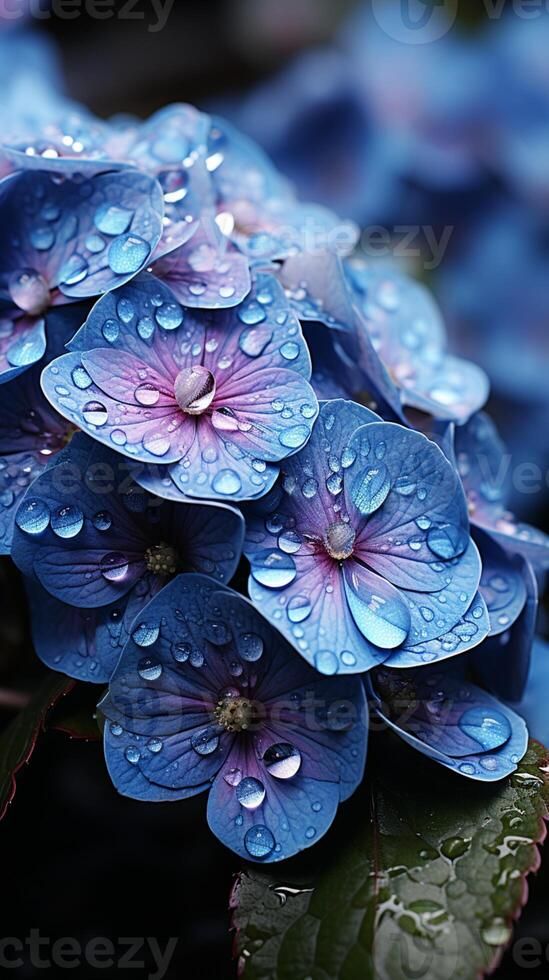 blue and purple flowers with water droplets on them