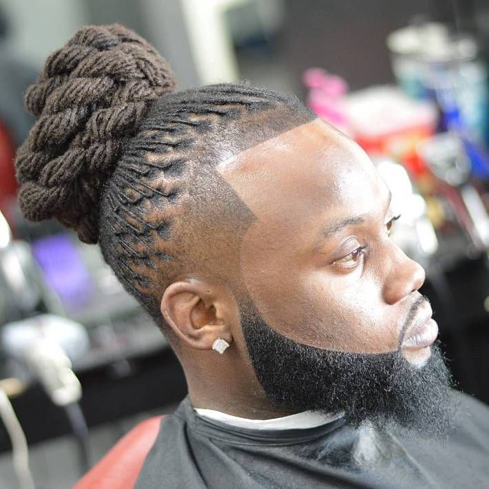 African American Twisted Bun For Men Garibaldi Beard, Twist Pony, Mens Dreadlock Styles, Black Men Beard Styles, Dread Hairstyles For Men, Dread Braids, Long Dreads, Men Beard, Dreadlock Hairstyles For Men