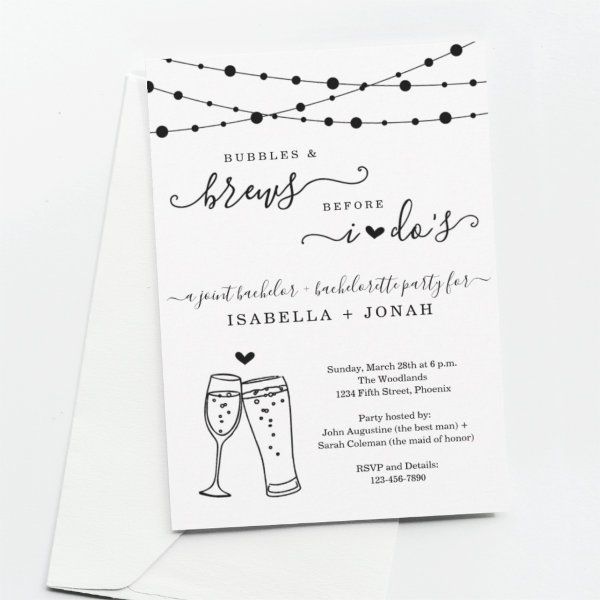 two wedding cards with champagne glasses and string lights in the background, on top of each other