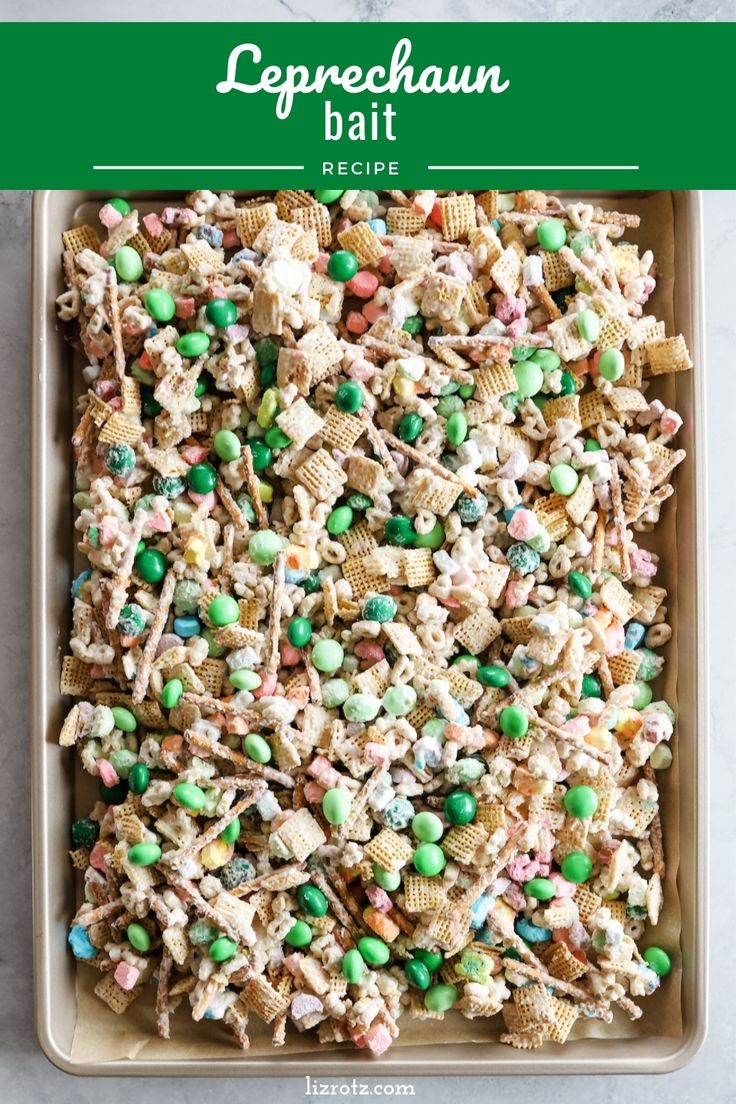 a casserole dish filled with cereal and candy