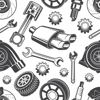 black and white illustration of various types of tools on a white background, including wrenches, gears, wheels, screwdrivers