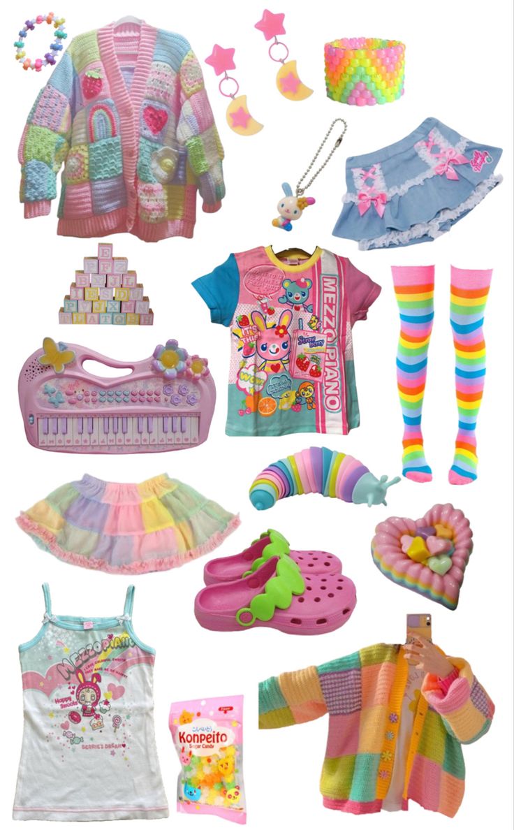 kawaii, rainbow, colorful, cute, outfit, Kidcore Decora Outfit, Chi Core Aesthetic, Soft Kidcore Clothes, Dreamcore Outfit Aesthetic, Pastel Kidcore Clothes, Decora Outfit Ideas, Fashion Color Board, Kidcore Fashion Pastel, Cute Kidcore Outfits