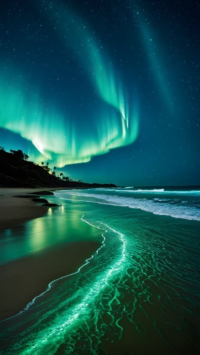 an aurora bore over the ocean at night with green lights on it's side