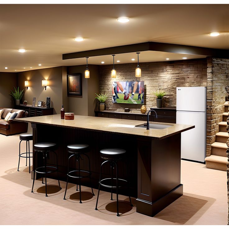 a kitchen with an island and stools next to a living room area that has stairs leading up to the second floor