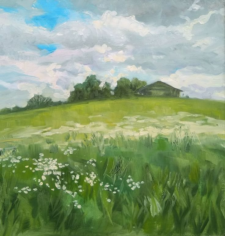 an oil painting of a green field with white flowers