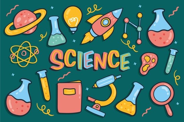 the word science is surrounded by different types of objects and beaks on a green background