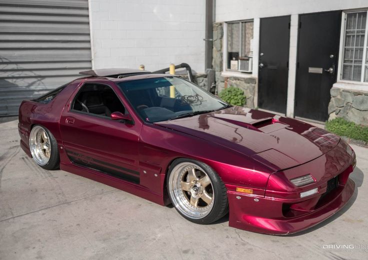 a red sports car parked in front of a building