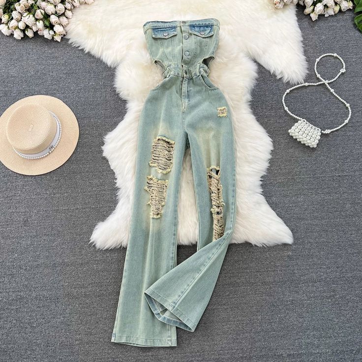 High-Waisted Ripped Wide-Leg Denim Jeans Knee High Boots Flat, Jumpsuit Fitted, Denim Wide Leg, Jumpsuit Casual, Denim Jeans Ripped, Cotton Decorations, Denim Patterns, Strapless Jumpsuit, Casual Jumpsuit