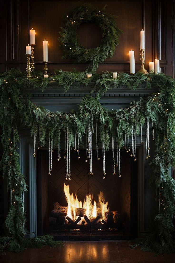 a fireplace decorated for christmas with candles and garland