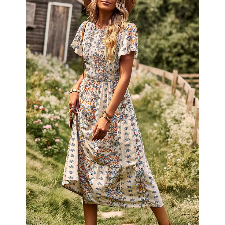 Apricot Bohemia Print Pleated Woven Casual Dress Casual Apricot Short Sleeve Midi Dress, Casual Apricot Midi Dress With Short Sleeves, Beige Floral Print Boho Dress For Spring, Beige Bohemian Dress With Ditsy Floral Print, Casual Beige Floral Print Maxi Dress, Casual Apricot Midi Dress For Spring, Fitted Beige Boho Casual Dress, Casual Fitted Beige Boho Dress, Fitted Casual Beige Boho Dress