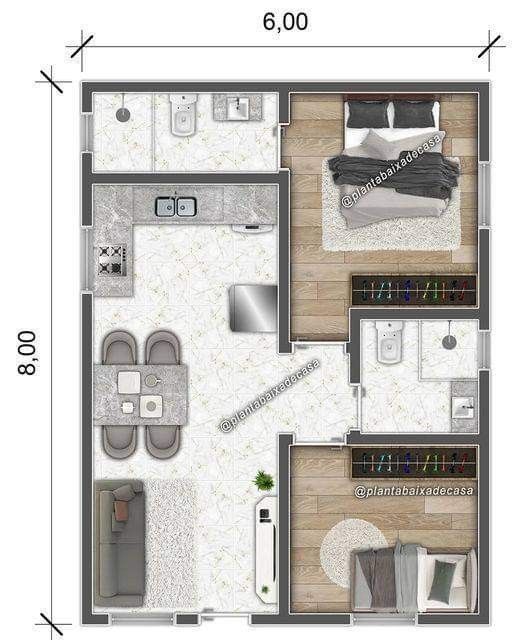 the floor plan for a small apartment with two bedroom and one bathroom, including a living room