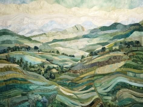 this is a quilted landscape with mountains in the background and trees on the hillside