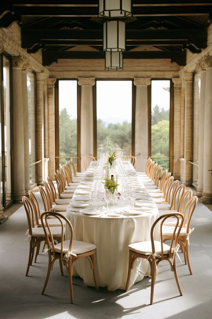 a long table is set up for a formal dinner