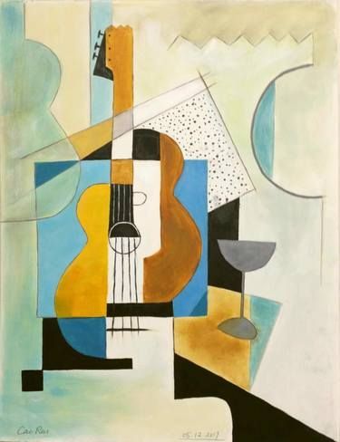 an abstract painting with a guitar on it