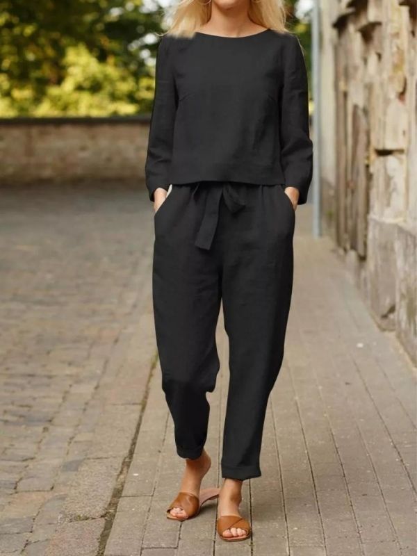 Casual Black Solid Top & Trousers Two-piece Suits Minimalist Retro, Casual Chique, Leisure Suit, Linen Suit, Mode Design, Moda Vintage, Loose Pants, Tracksuit Women, Urban Chic