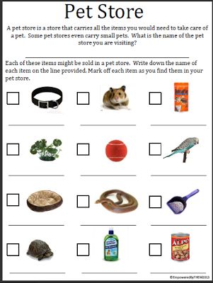 a pet store worksheet with pictures of animals and their food in the background