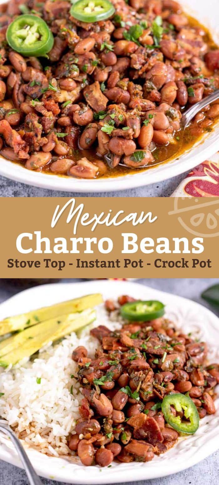 mexican charro beans with rice and jalapenos on the side