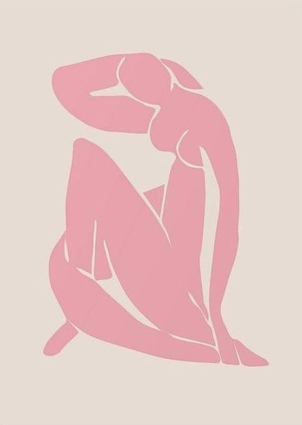 a nude woman sitting on the ground with her hands behind her head, in pink