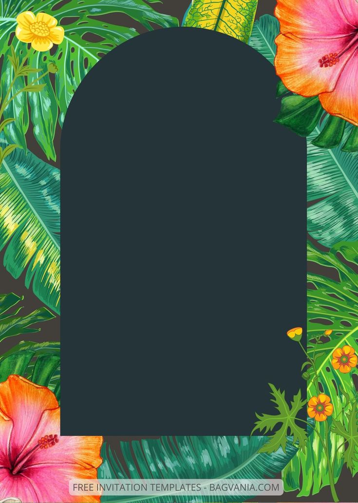 an image of a tropical background with flowers and leaves in the center, on a dark gray background