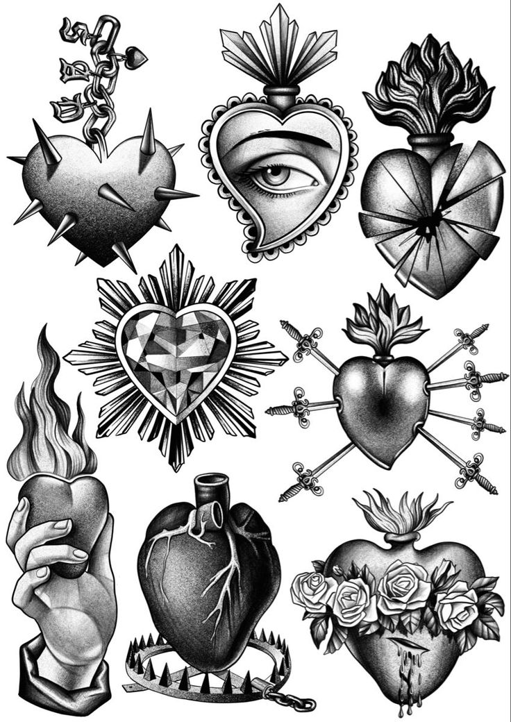 an assortment of heart tattoos on a white background