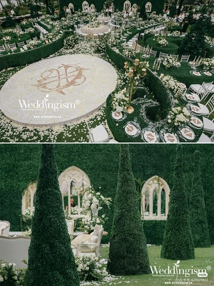 an outdoor wedding reception with white flowers and greenery on the ground, surrounded by tall trees