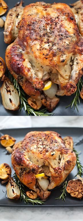 two pictures of roasted chicken with onions and herbs