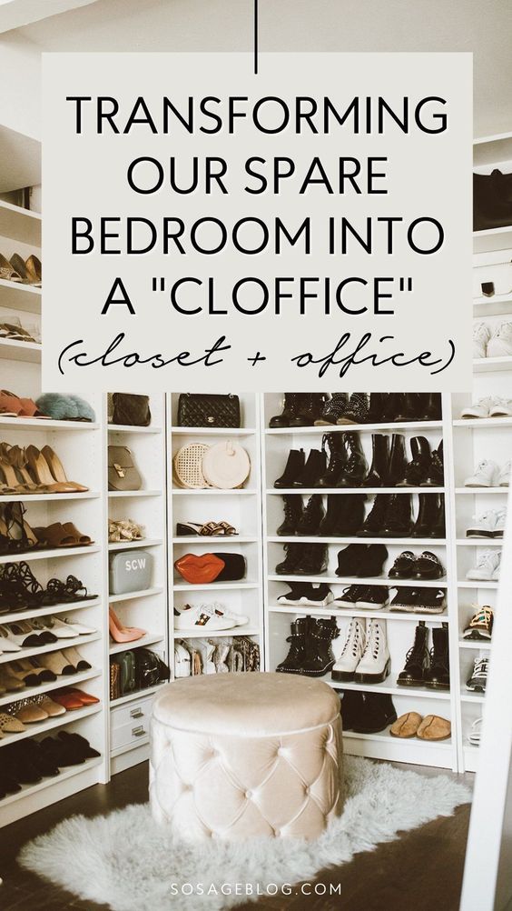 a closet with white shelves filled with shoes and other items that are on the floor