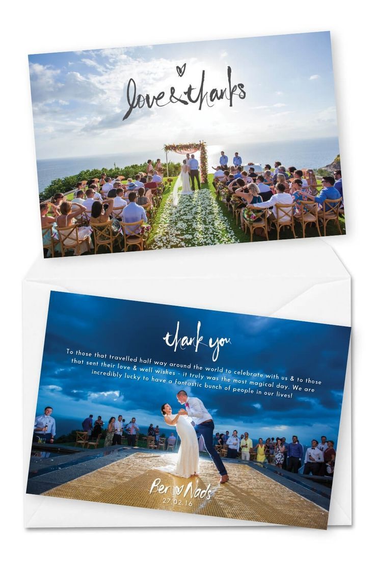 two wedding cards with an image of the bride and groom in front of their guests