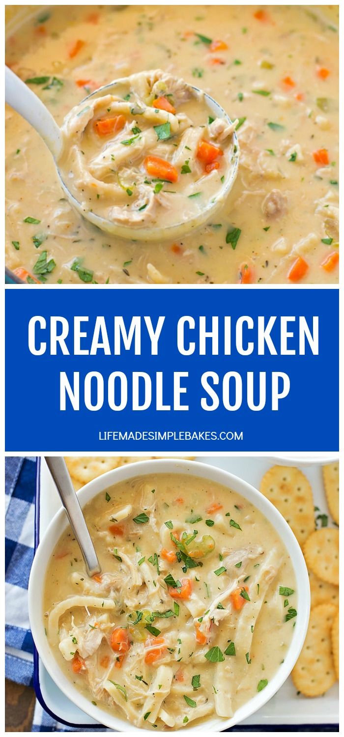 creamy chicken noodle soup in a bowl with crackers