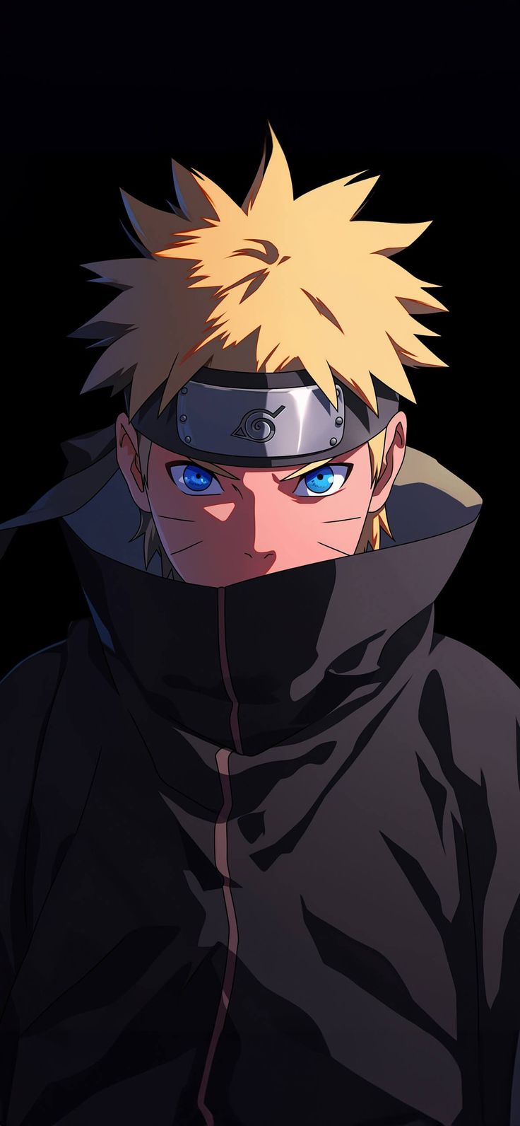 an anime character with blue eyes wearing a black jacket and hood over his head is looking at the camera