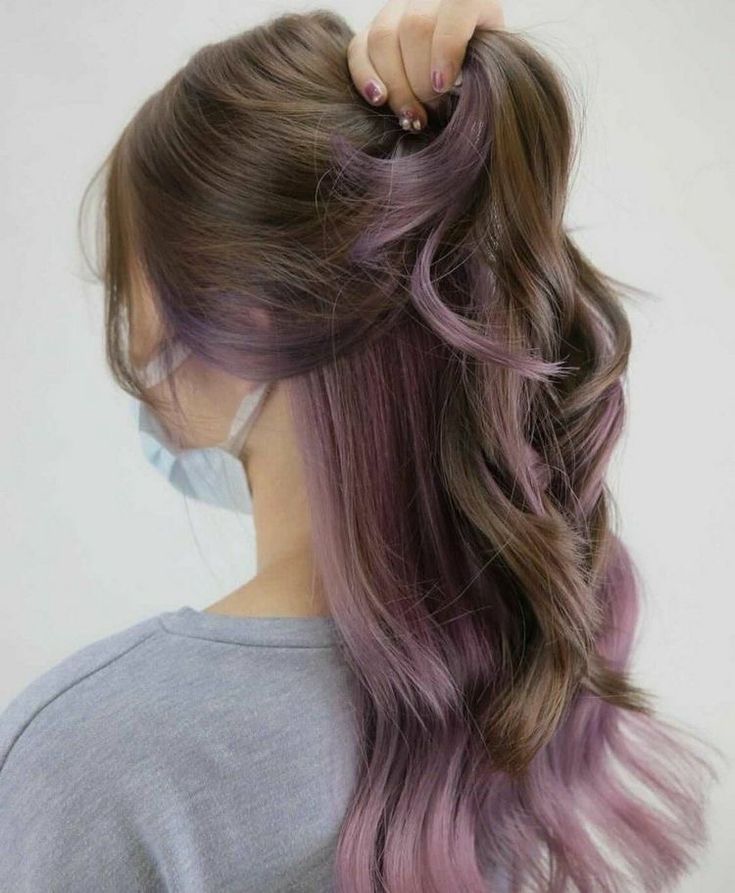 Cute Purple Highlights For Brown Hair, Streak Of Hair Dyed, Brunette With Ashy And Mocha Highlights, Lavender Purple Highlights, Brown Hair Lavender Underneath, Purple Hair Light Brown, Purple With Light Brown Hair, Light Brown Hair With Purple Highlights Underneath, Brown Hair With Under Color