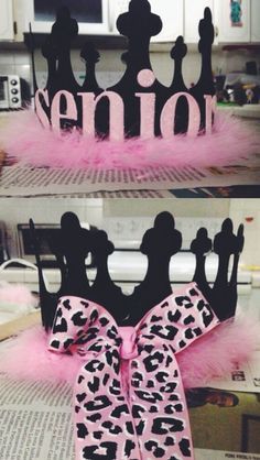 two pictures of the same tiara with pink and black designs on it, one has a bow