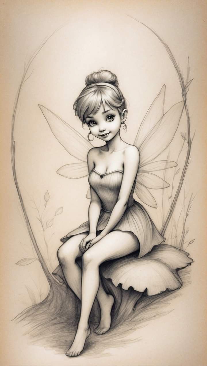 a pencil drawing of a fairy sitting on top of a mushroom with her legs crossed