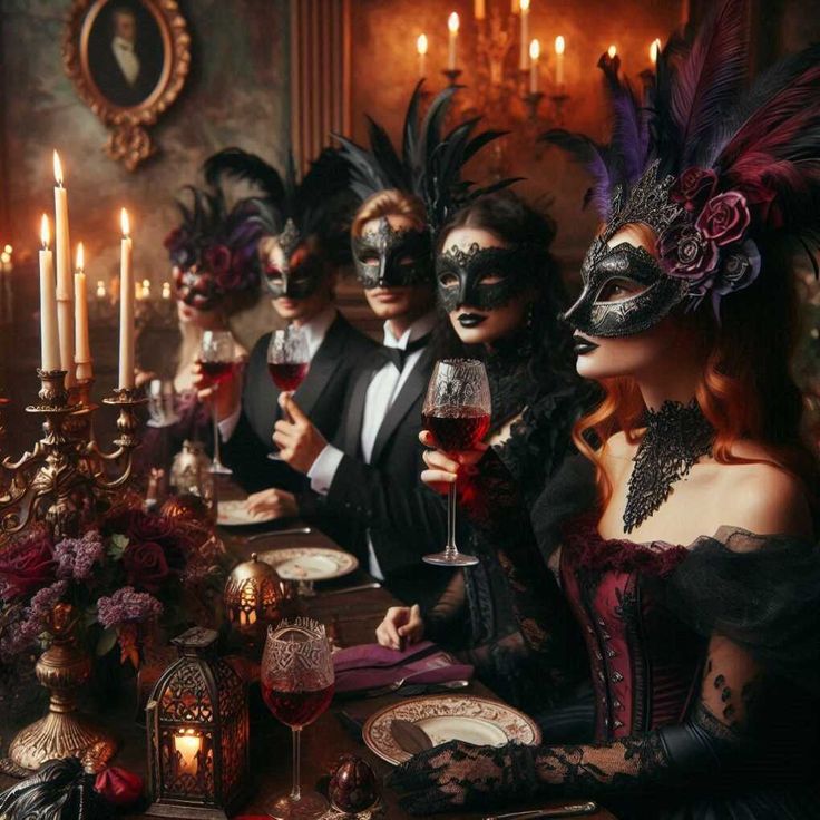 a group of people wearing masks and holding wine glasses