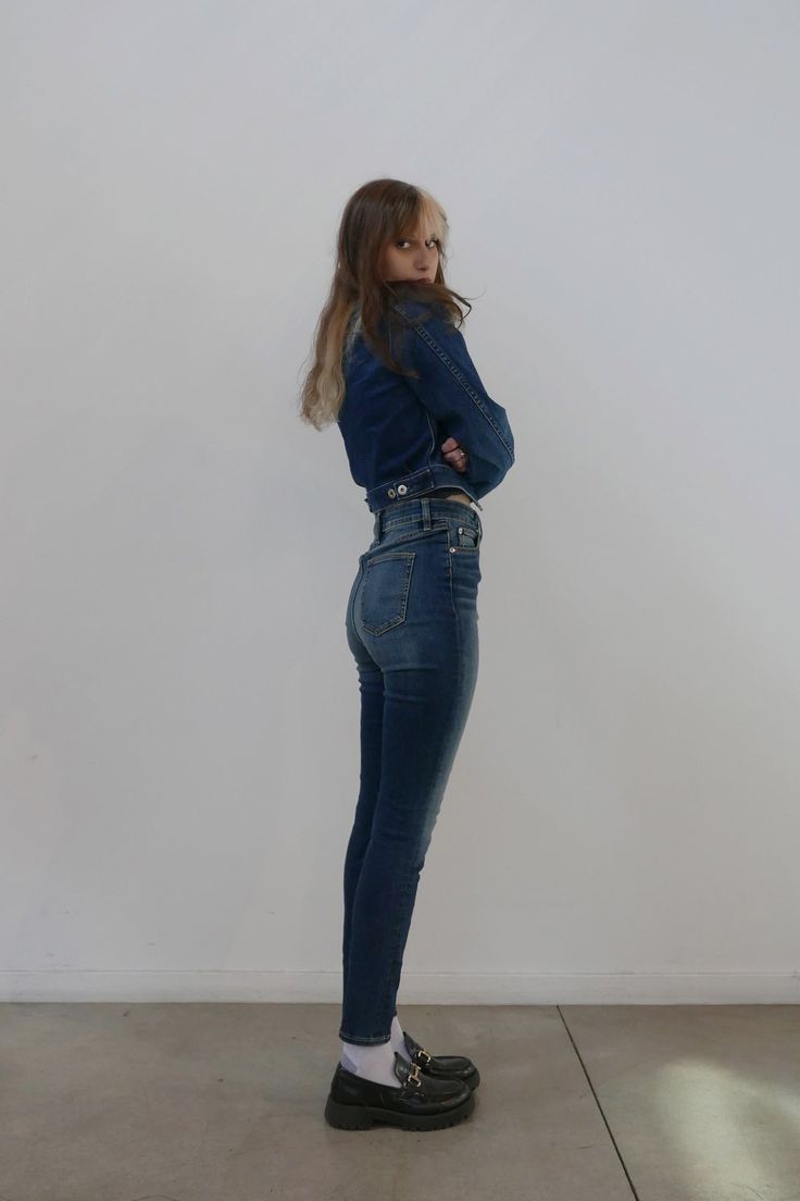 The High Rise Skinny is engineered with high-power stretch, creating a classic high-waisted silhouette that comfortably hugs the body. We carefully crafted this design with special attention to the back pocket placements to visually enhance the appearance of raised hips. * Please note that denim fabric may discolor or transfer color due to moisture from sweat or friction. This is a natural characteristic of the fabric. Dark Indigo, Denim Coat, Denim Fabric, Oversized Tshirt, Bra Tops, Body Shapes, Jacket Tops, Cotton Shirt, High Waisted